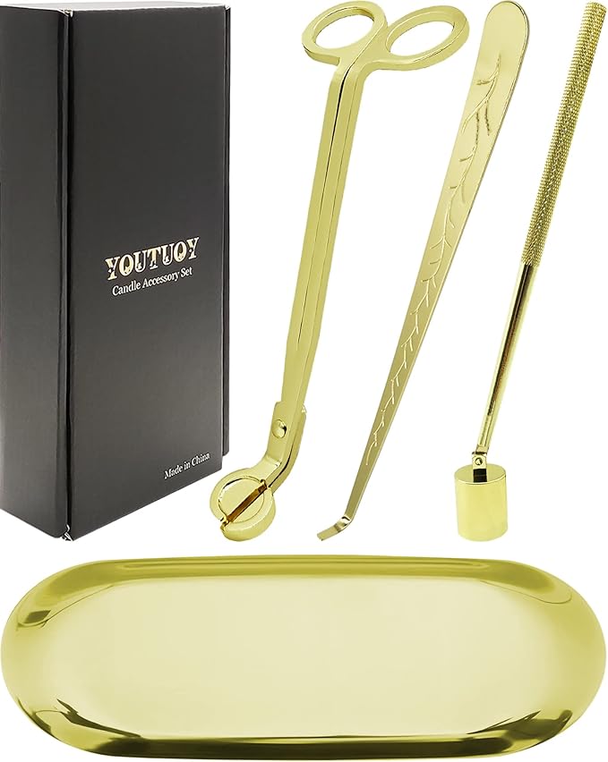 YOUTUOY 4 in1 Candle Accessory Set with Storage Tray Plate, Candle Wick Trimmer, Candle Wick Snuffer, Candle Wick Dipper, Great for Scented Candles Lovers (Gold)