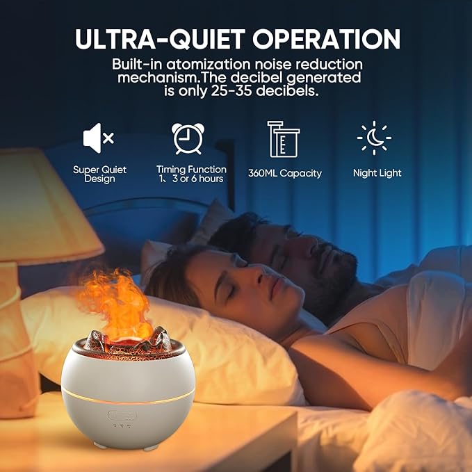 YALEDI Essential Oil Diffuser, Volcano Flame Fire Oil Diffuser, 360ml Ultrasonic Cool Mist Aromatherapy Humidifier, Scent Diffuser with 7 Colors Light, Timer & Auto Shut-Off for Home, Room (White)