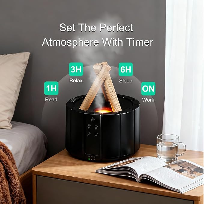 Campfire Flame Diffuser for Essential Oils, 250ml Ultrasonic Cool Mist Aromatherapy Humidifier with Remote Control, 7-Color LED Lights, Timer & Auto-Off for Home, Office & Bedroom (Black)