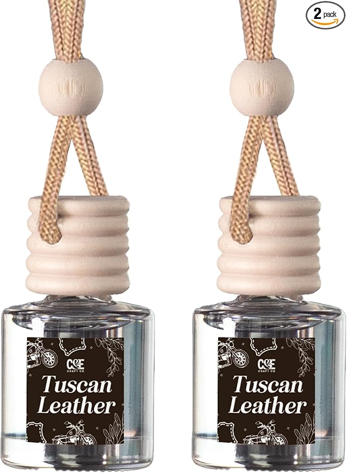 C&E Craft Co Hanging Car Air Freshener Diffuser 2 Pack, Long Lasting Fragrance Oil Car Freshener, Glass Bottle Auto Air Freshener, Made in USA (Tuscan Leather)