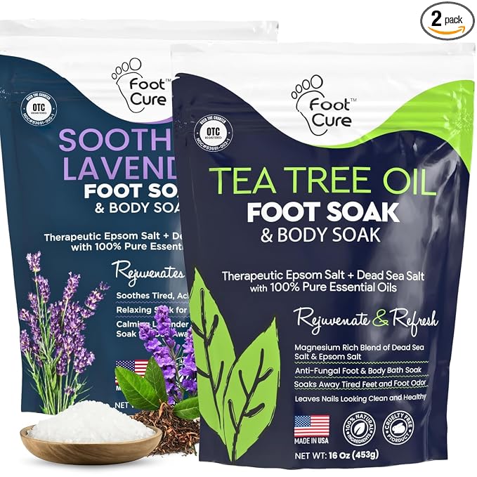 FOOT CURE Tea Tree Oil & Soothing Lavender Foot Soak with Epsom Salt - Best Toenail Treatment & Softens Calluses - Soothes Sore & Tired Feet, Foot Odor Scent, Spa Pedicure - 16 oz (Pack of 2)