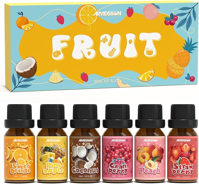 ARVIDSSON Fruits Essential Oils Set, Natural Fruity Fragrance Oil for Candle & Soap Making - Sweet Orange, Pineapple, Coconut, Cranberry, Peach, Strawberry, Aromatherapy Diffuser Oils Gift Set