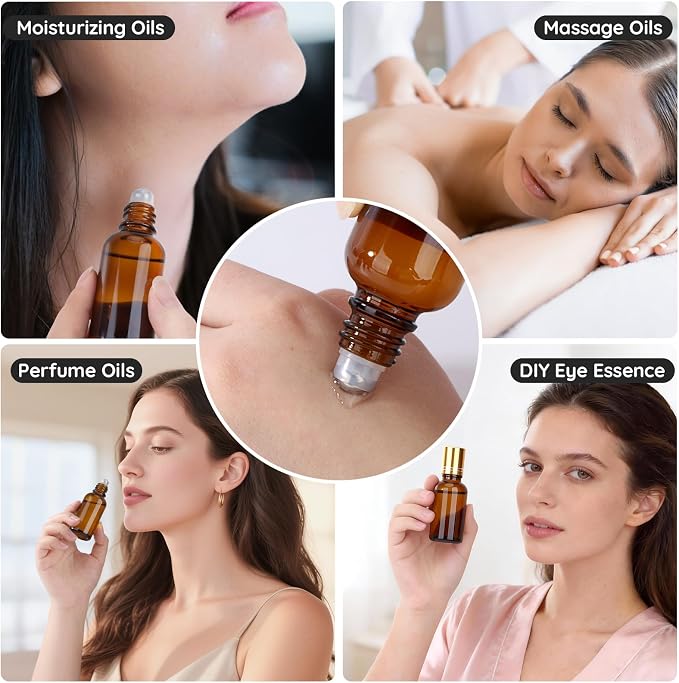 Segbeauty 1oz Thick Amber Glass Roller Ball Applicator, 5pcs Refillable Perfume Roller Bottles for Essential Oils, 30ml Travel Size Roll On Bottle for Eye Essence, Empty Rollerball Bottles for Oil