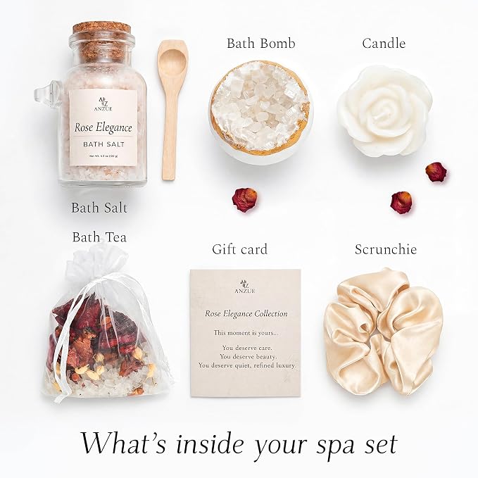 Luxury Rose Spa Gift Set for Women, Home Spa Kit with Candle, Bath Salt and Body Scrub, Self Care Kit is Elegant Gift for Mom, Wife or Girlfriend