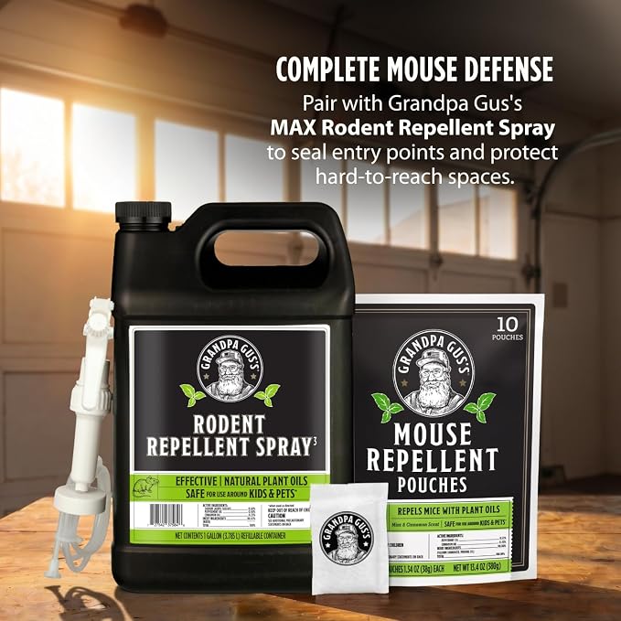 Grandpa Gus's Rodent Repellent Spray - Peppermint Oil and Cinnamon Oil Spray for Rodents & Mice - Plant-Based Mouse Deterrent for Cars, RVs, Garages & Indoor Spaces - Non-Staining Formula - 128 oz