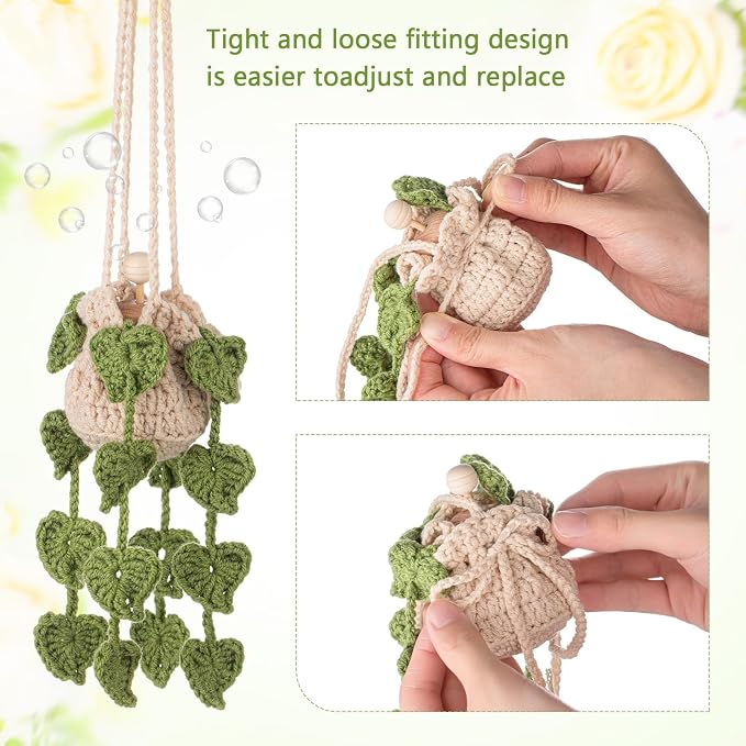 DaisyInner Cute Crochet Plant Car Freshener 12ml Empty Refillable Diffuser Bottle with Plants Hanging Accessories for Ornaments Charms Rearview Mirror Home Office Decor Women Gifts(Leave)