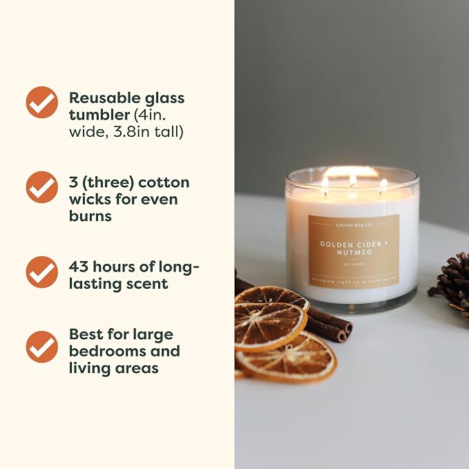 Calyan Wax Co. Golden Cider & Nutmeg 3 Wick Scented Candle - 43 Hour Burn - Luxury 3 Wick Soy Candles - Clean Soy Wax Candles - Long Lasting Large Glass Jar Candle for Home - 14.9oz