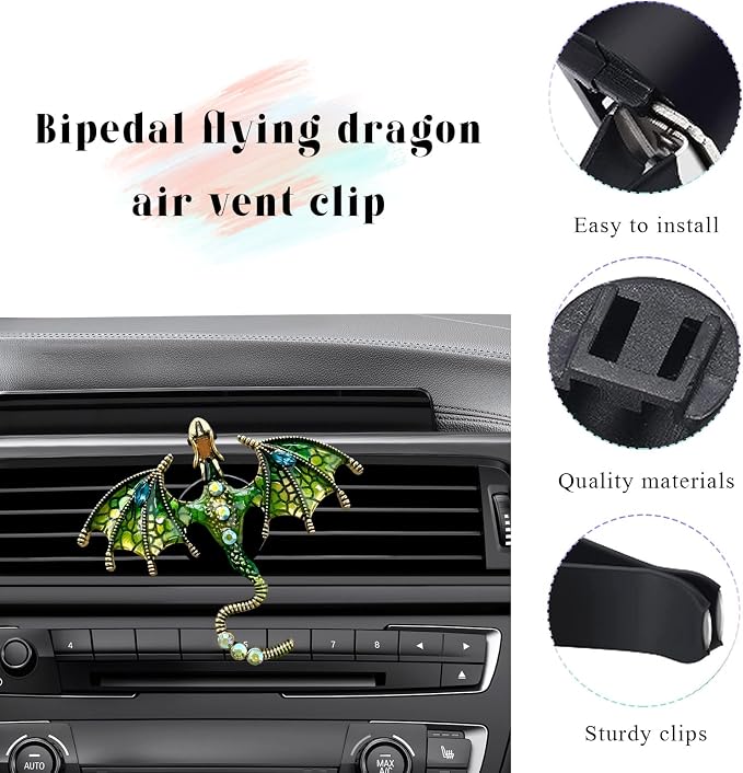 2PCS Bling Wyvern Car Air Freshener Vent Clips, Alloy Enamel Dragon Auto Outlet Clips with Fragrance Tablets, Refillable Cute Flying Dragon Crystal Vent Clip Aroma Diffuser (Green)