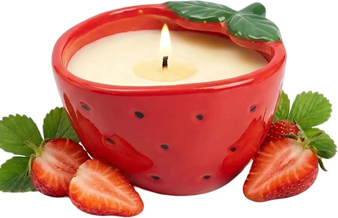 Strawberry Scented Candle – 4.23 oz (120g) Natural Soy Wax, 30-Hour Clean Burn, Strawberry-Shaped Ceramic Jar, Home Fragrance & Thoughtful Gift for Home (Red)