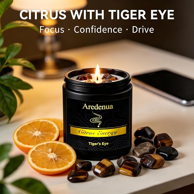 Crystal Candle with Tiger Eye Healing Crystals, Citrus Aromatherapy Candle for Confidence, Natural Soy Wax Scented Candle with Real Gemstone, 7oz Long Burning, Motivational Chakra Gift