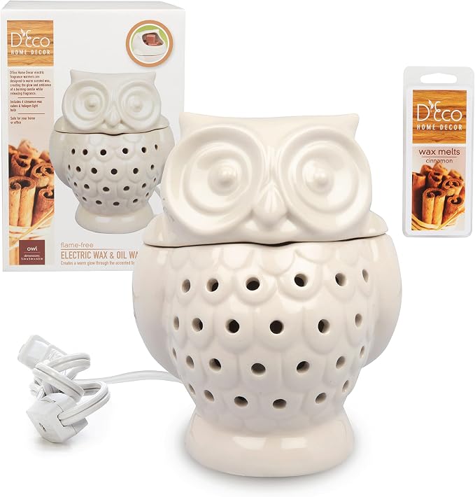 D'Eco Owl Fragrance Wax Melt Warmer - Electric Scented Tart & Candle Warmer w 4 Cinnamon Cubes - Plug-in Halogen Bulb Melts Wax Fills Room w Fresh Scent & Night Light Glow- Holiday Xmas Must Have Gift