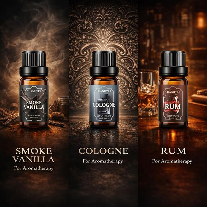 Essential Oils for Diffusers for Home Gentlemen's Set Fragrance Scents 6x10ml-Leather,Sandalwood,Cedarwood,Smoke Vanilla,Cologne,Rum for Aromatherapy,Humidifiers&Massage