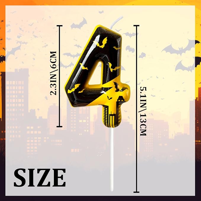 Black Yellow Number 4 Birthday Candle for Cake – Dark Night Hero Style with Bat & City Silhouette Design – Unique Cake Topper for Birthday, Anniversary, Themed Party Decoration