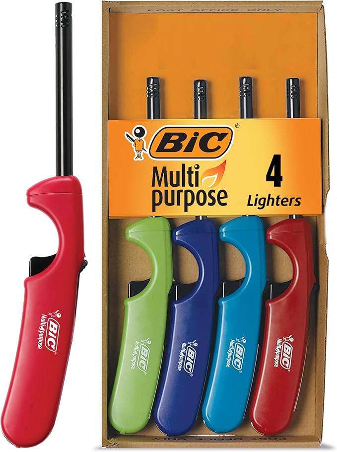 BIC Multi-purpose Classic Edition Lighters, Long Durable Metal Wand, Great For Grills, Fireplaces and Candles, Utility Lighter, Assorted Colors, 4-Count