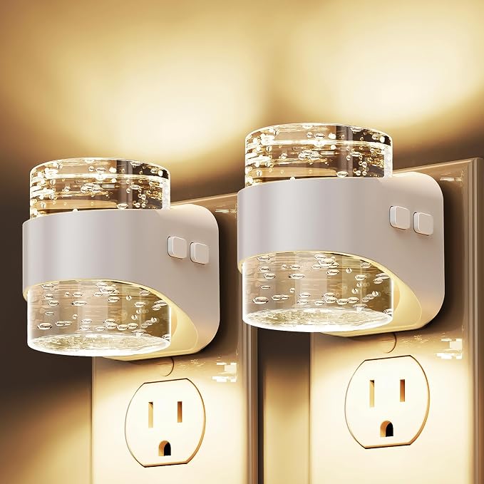 L LOHAS LED Night Light, 3000K Bubble Night Lights Plug into Wall, 2 Pack Acrylic Night Lights with Light Sensor, Adjustable Brightness,Soft White Plug in Nightlights for Rooms Bathroom Hallway
