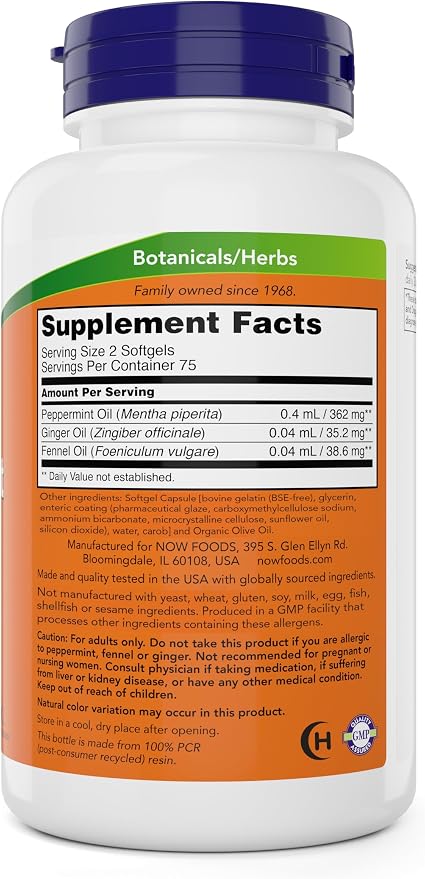 Now Peppermint Gels with Ginger Oil and Fennel Oil, 150 Softgels, Enteric Coated