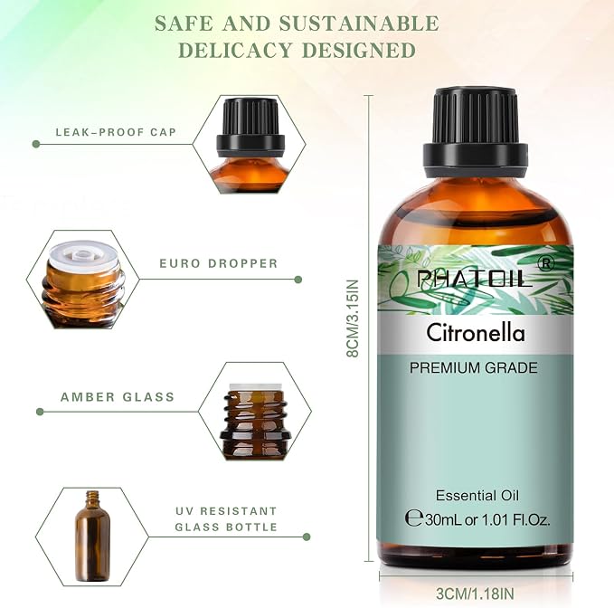 Citronella Essential Oil 1.01fl.oz/30ml, PHATOIL Premium Citronella Oils Long Lasting Scents for Aromatherapy, Diffuser, DIY Soap and Candle Making