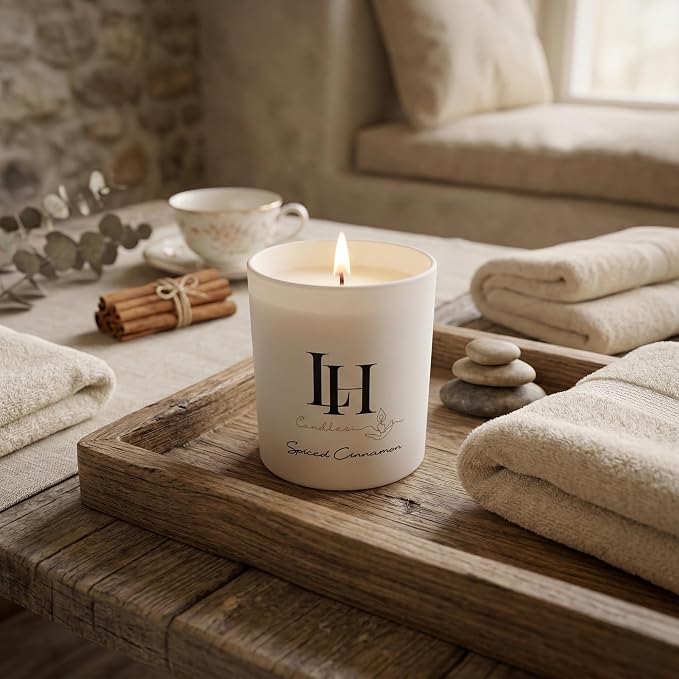 LH Spiced Cinnamon Scented Candles 10.6 oz – Romantic Candle for Home Ambience, Warm Cinnamon Aroma, Aromatherapy Jar Candle Cozy Decor Gift for Women or Men Relaxing Fragrance
