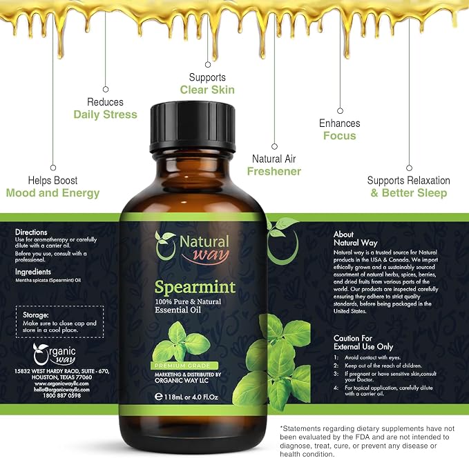 Spearmint Essential Oil for Diffusers | Natural Aroma Oil for Home Fragrance, Humidifier & DIY Candle Making, Long Lasting Scent for Office, Bedroom & Soothing Scent 4 Fl Oz (120 mL)