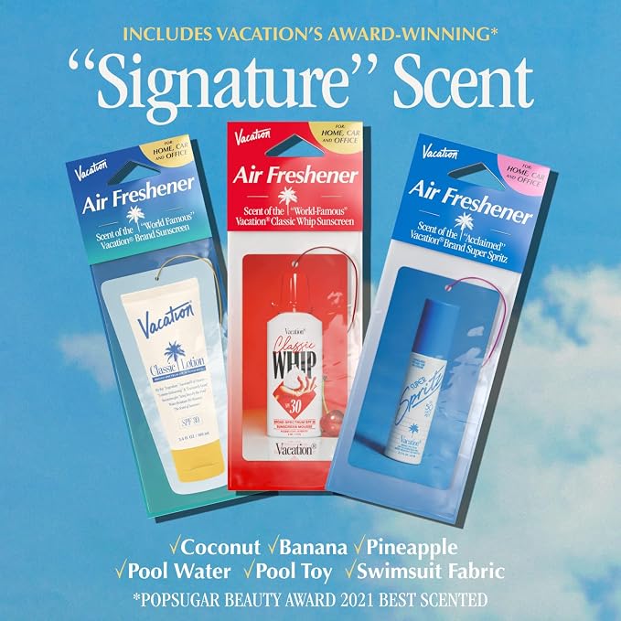 Vacation Car Air Freshener Variety Pack, 6 Scents, Pack of 6 - Hanging Air Freshener for Car, Home and Office - Classic Lotion, After Sun, Super Spritz, Baby Oil, Chardonnay and Whip Scents