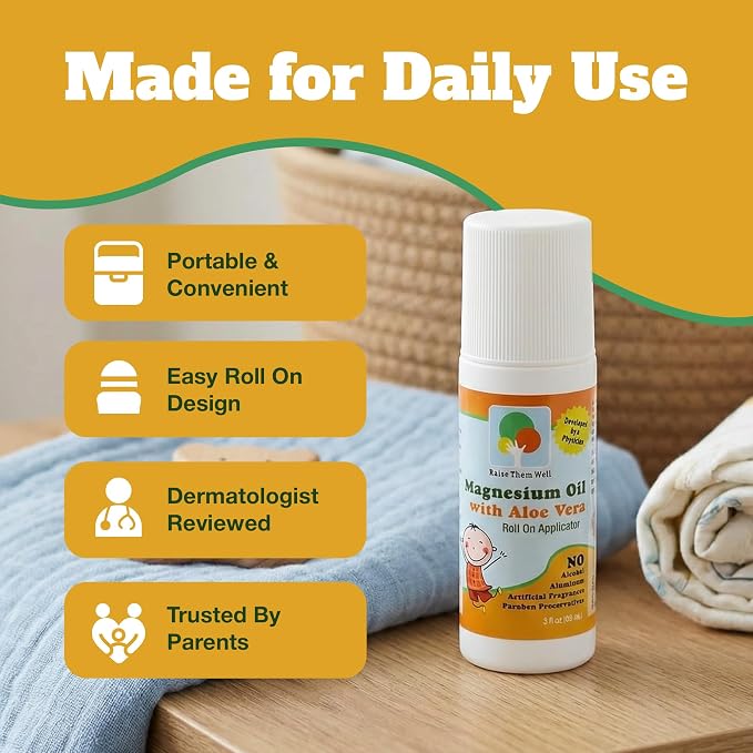 Magnesium Oil Roll-On for Kids with Aloe Vera for Muscle Relaxation & Joint Relief, Fast-Absorbing Topical, Soothing Formula for Sore Muscles, Tension & Cramps, Natural Calm Support, 3 fl oz