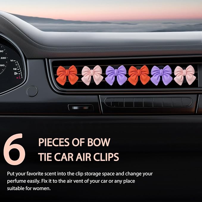 KVAEY 9 PCS Pink Bow Car Air Freshener, Automotive Cute Pink Bow Air Outlet Clips with Scent Pieces, Universal Coquette Car Air Vent Diffuser for Women and Girls (Orange+Pink+Purple)