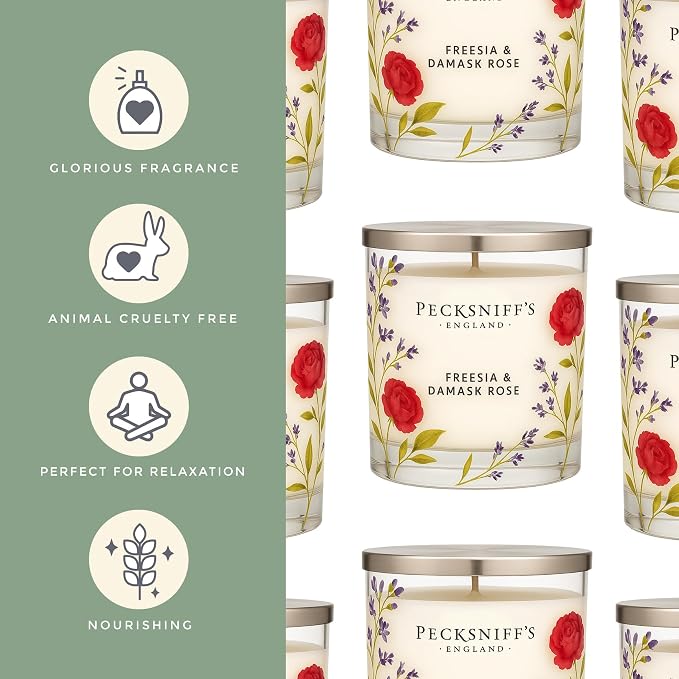 Pecksniff’s 1 Wick Candle – Freesia & Damask Rose, 184 g / 6.49 oz – Long Lasting Burn, Elegant Home Decor & Relaxing Ambiance