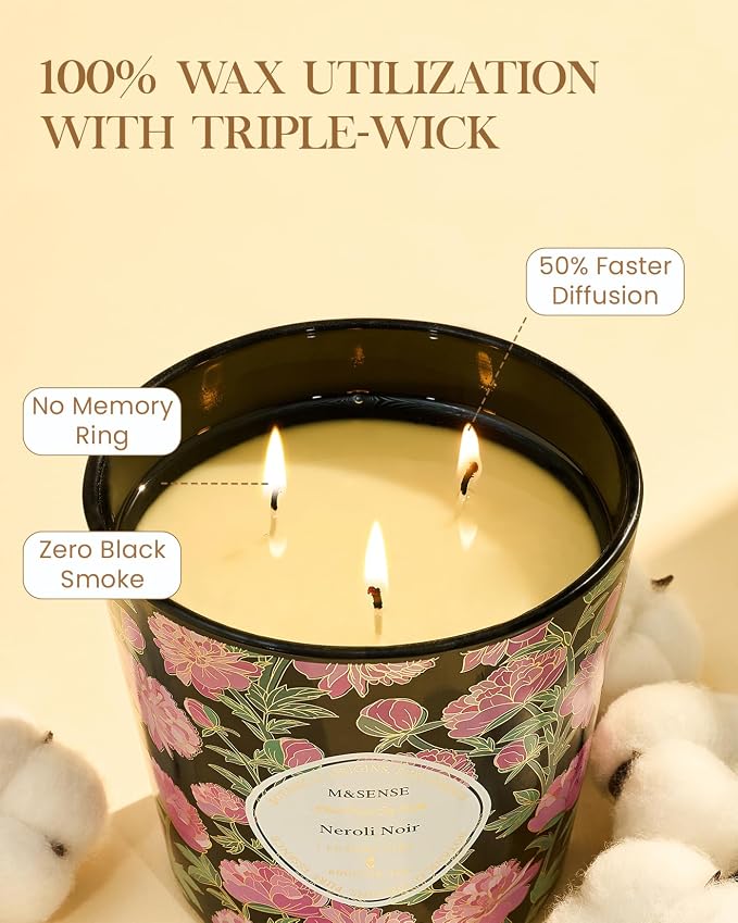 M&SENSE Neroli Noir Scented Candle, 28.2oz 3 Wick Natural Soy Wax Large Candles, Long Lasting Clean Slow Burning No Toxic Décor for Home Relaxation, Romantic Dates & Gift-Giving