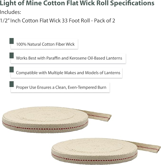 Light of Mine - 1/2" Inch 33' Foot, 100% Cotton Flat Wick - 2 Pack for Paraffin Oil, Kerosene Based Lanterns, and Oil Lamps with Genuine Red Stitch (1/2" - 33' Roll, 2pk)