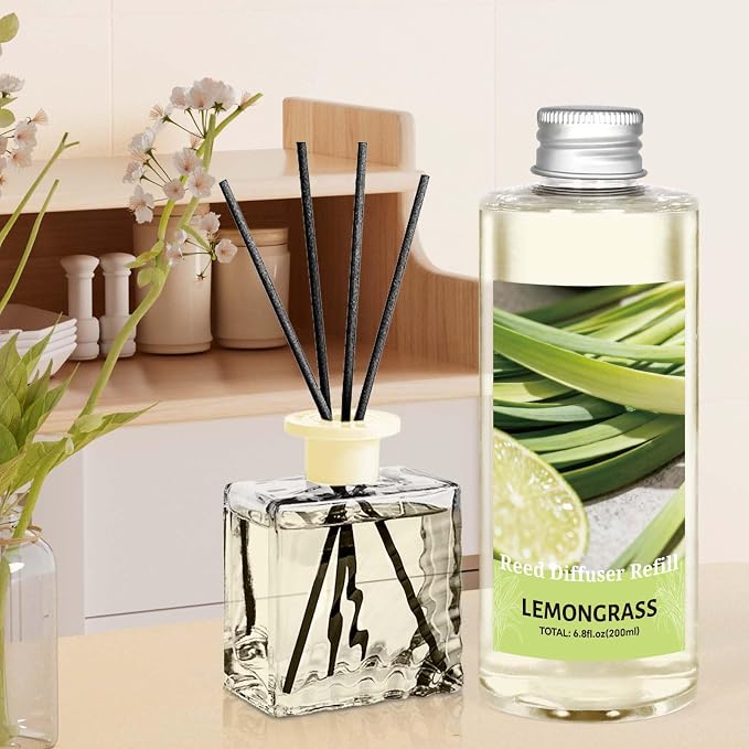 STRN Reed Diffuser Essential Oil Refill, Lemongrass Scent 200ml with Sticks, Long-Lasting Aromatherapy, Summer Fragrance Liquid with Eco-Friendly Bottle for Home, Bedroom, Spa