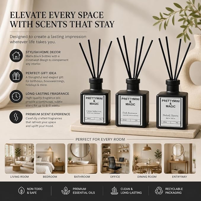 PRETTYMINI & MAGIC Reed Diffuser Set – Bohemian Rose + White Orris & Sandalwood Home Fragrance, Long-Lasting Reed Diffusers for Home Fragrance with Sticks for Bedroom, Bathroom & Shelf Décor – 100g