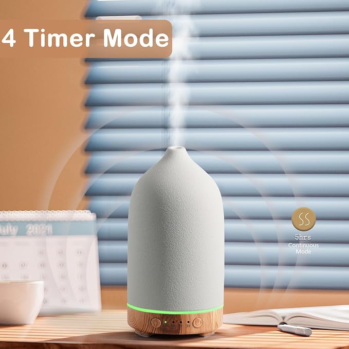 Diffuserlove Ceramic Essential Oil Diffuser 160ML Aromatherapy Diffuser for Home Bedroom Room Cool Mist Humidifier Stone Air Diffusers with Yellow Wood Pattern Base (Size:6.8" H x 3.6" W)