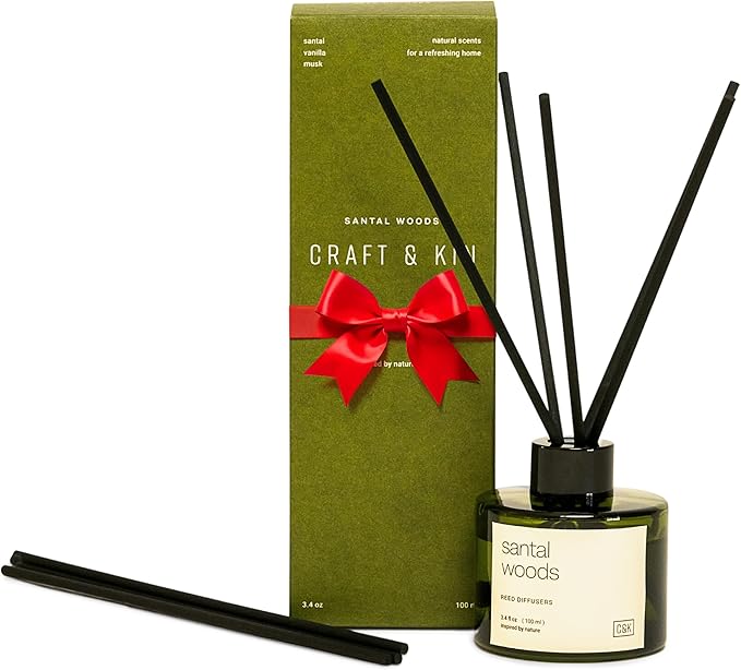 Craft & Kin Premium Oakwood Reed Diffuser – 3.4 oz Natural Essential Oil Diffuser for Home & Bathroom – Long-Lasting Fragrance with Rattan Scent Sticks – Green Glass Room Decor