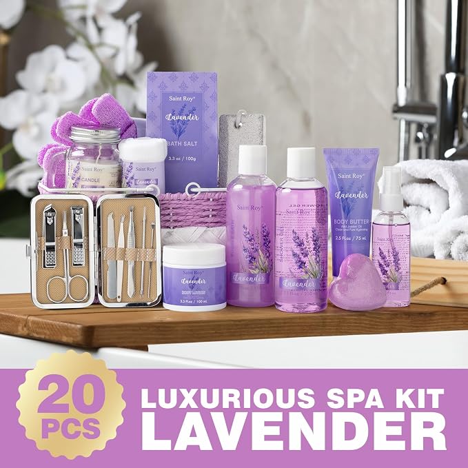 21Pcs Spa Gift Set Bath and Body Gift Basket Set Care Kit, Spa Bath Basket | Lavender Home Spa Gifts for Woman Body Care Set, Relaxing Sets for Women & Men, Spa Kit, Birthday, Christmas, Anniversary