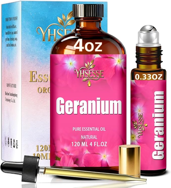 Geranium Essential Oil, Geranium Oil 4 Fl Oz 120ml for Diffuser Yoga Soap & Candle Making – with 0.33 Oz Roller Ball & Dropper YHSESSE Essential Oils