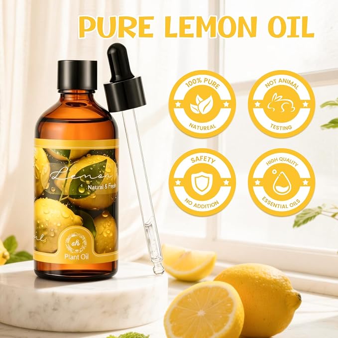 Essential Oil Lemon 3.38 fl oz with Glass Dropper, Pure Fragrance Oils | Aromatherapy, Natural Essential Oils for Diffusers for Perfect for Diffuser, Home, Yoga, DIY Candle and Soap Making - 100ml