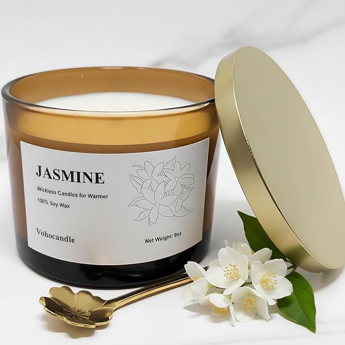 VOHO Jasmine Wickless Candles Ideal for Candle Lamp Warmer, 9oz Soy Candles with Stirring Spoon & Lid, Wickless Scented Candles for Candle Warmer Lamp, Jasmine Candle Gifts for Women Birthday Wedding