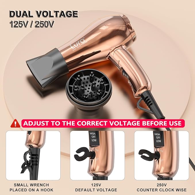 LURA Mini Portable Travel Hair Dryer:Dual Voltage Small Lightweight Blow Dryer with EU Plug,1200W Compact Hairdryer with Folding Handle,with Concentrator&Diffuser Attachment,for Women and Men
