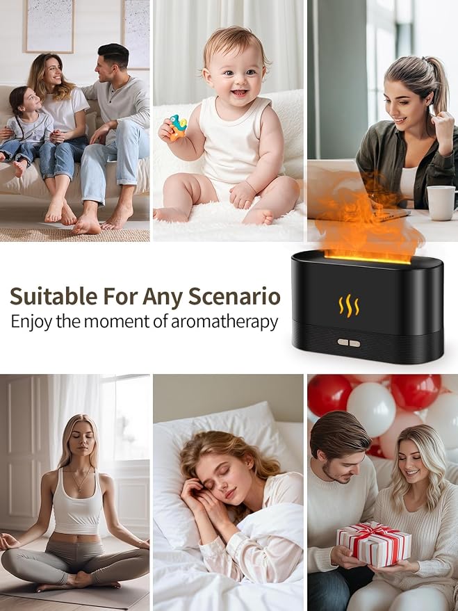 Flame Essential Oil Diffuser, 180ml Aromatherapy Diffuser with 7-Color LED Lights, Auto Shut-Off, Ultrasonic Cool Mist Humidifier for Home, Bedroom, Office, for Dad (Black)