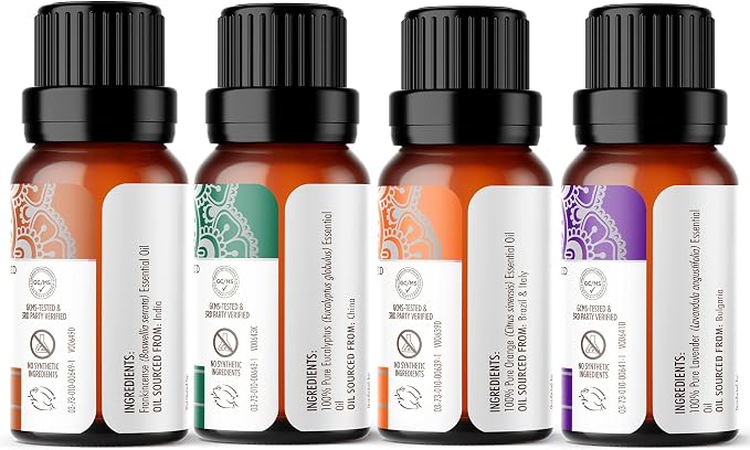 GuruNanda Essential Oils Set (Pack of 4 x 0.5 Fl Oz) - Pure, Natural Frankincense, Lavender, Eucalyptus & Orange Aromatherapy Oils for Diffusers, DIY & Home Use