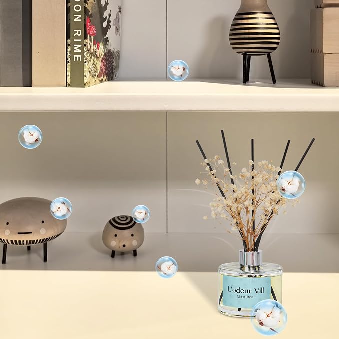 L'odeur Vill Reed Diffuser Set, 6.7 oz(200ml) Clean Linen Scented Diffuser with 6 Oil Diffuser Sticks, Home Fragrance Essential Oil Reed Diffuser for Home Large Rooms Bathroom Shelf Decor