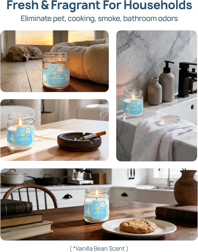 TRINIDa Baby Powder Odor Eliminating Candles for Home Scented, Eliminates 99% of Pet, Smoke, Food and Other Smells Quickly, Highly Fragranced Candle, Premium Soy Candles Set for Women
