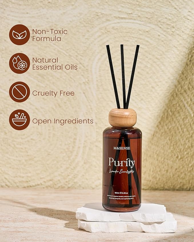 M&SENSE Lavender Eucalyptus Reed Diffuser: Upgraded Formula 6.3 fl oz Non-Toxic Aroma Set with Sticks, Long-Lasting Natural Essential Oil Gifts for Home, Bedroom