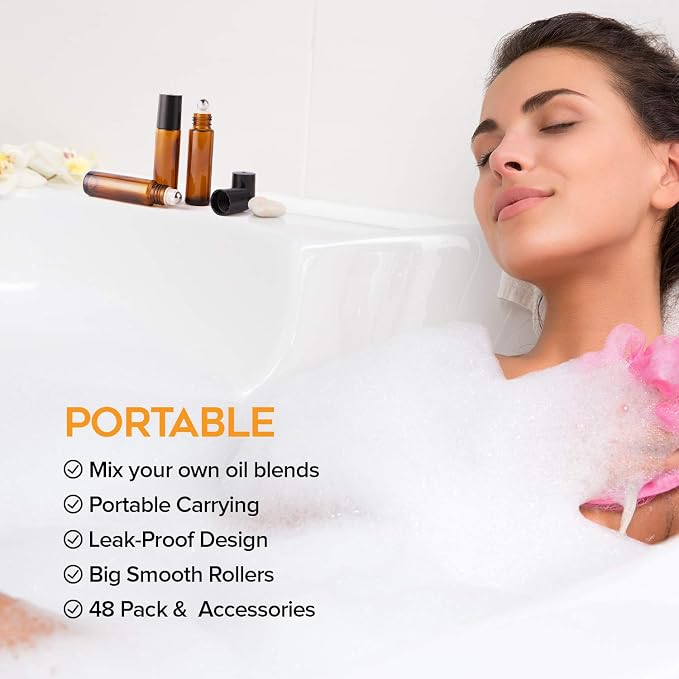 Hoa Kinh Roller Bottles for Essential Oils 10ml 48Pack Empty Amber Glass Perfume Roller Bottles with Stainless Steel Balls Refillable Roller Ball Applicator for Hair, Essential Oil