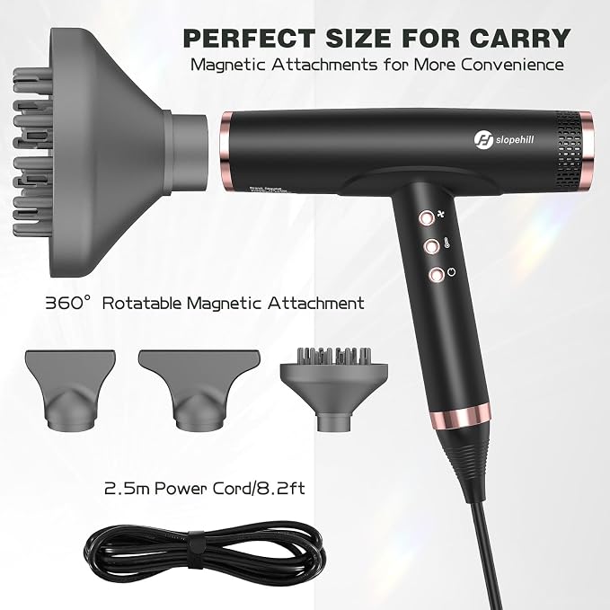 slopehill Professional Ionic Hair Dryer with Diffuser - Lightweight, Compact, Powerful & Fast Salon Blow Dryer with High Speed Brushless Motor for Travel, Women & Men Ceramic, Black