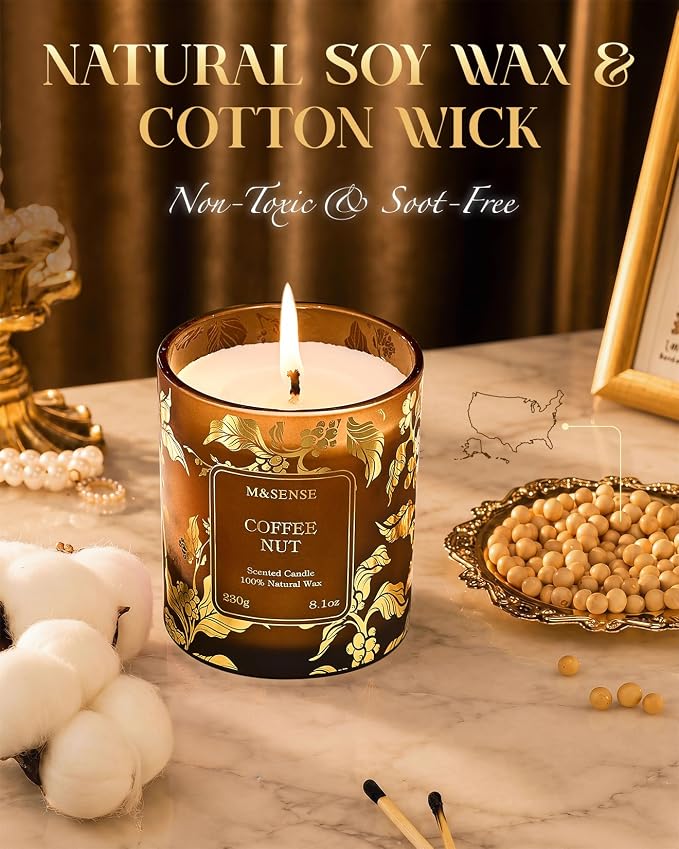 M&SENSE Coffee Nut Scented Candles, 8.1oz Non Toxic Candle Natural Soy Wax for Home, 42-Hour Long Lasting Aromatherapy Candle for Stress Relief, Warm Coffee Candle Gifts for Kitchen & Bedroom Decor