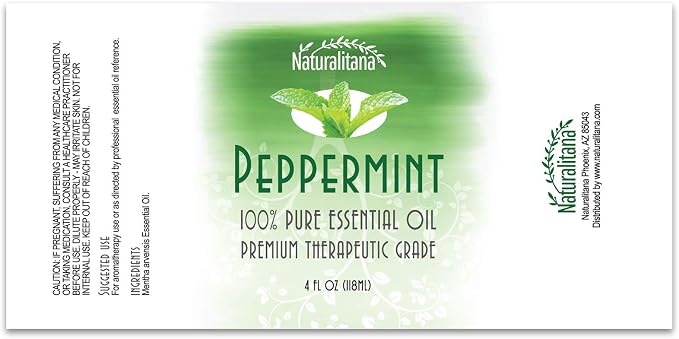 Naturalitana Peppermint Essential Oil Therapeutic Grade for Aromatherapy, Hair, Relaxation – Mint Scented 4 Fl Oz Bottle with Dropper