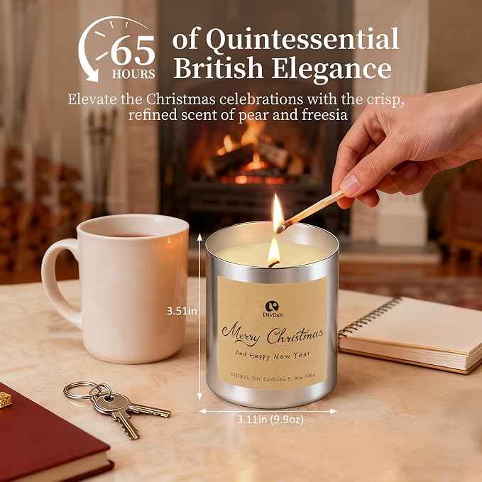 Christmas Scented Candles Gifts for Women Men, 9.9oz 65H Long Lasting Burn Non Toxic Soy Candles Clean Burn for Christmas Holiday Gifts Home Scented, English Pear Freesia Essential Oils