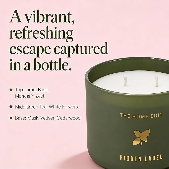 Hidden Label Basil Lime Mandarin Soy Candle, 10oz 2-Wick, 45H Kitchen Fresh | Herbal Citrus Aromatherapy | Non-Toxic Vegan Phthalate-Free | Even Melt No Tunneling | Sage Frosted Reusable Gift Jar