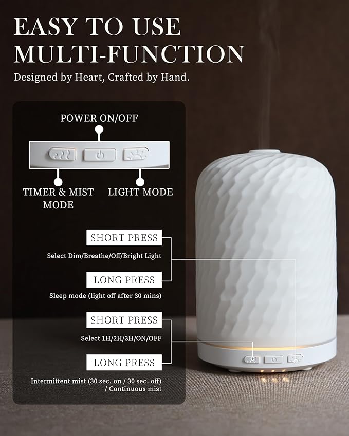 Essential Oil Diffuser - 2.4MHz Ultrasonic Ceramic Diffuser with Pulse/Continuous Mist & Night Light, Waterless Auto-Off, Silent Aromatherapy Diffuser for Home, Office, Yoga, Spa, Gifts & Home Decor.